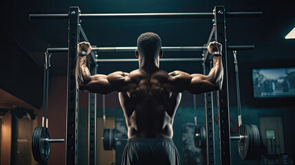 Person doing pull-ups in an organized gym