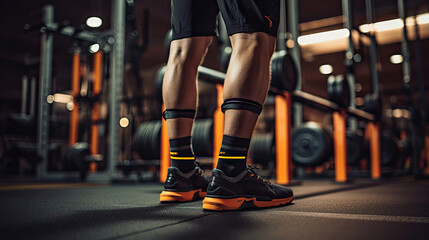 Person using resistance bands for leg exercises showcasing determination for functional training - obrazy, fototapety, plakaty