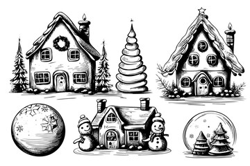 set hand drawn sketches. Cute cottage Christmas tree and paraphernalia Merry Christmas and Happy New Year. Designs for celebrating winter holidays. - obrazy, fototapety, plakaty