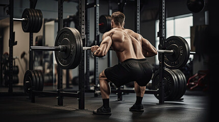 Fototapeta na wymiar Individual on Smith machine precise squats with barbell organized gym section
