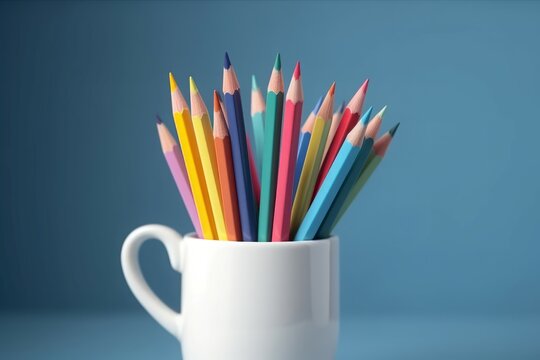 Colorful sharp pencils in white mug. Artistic drawing tools for painting art. Generate ai