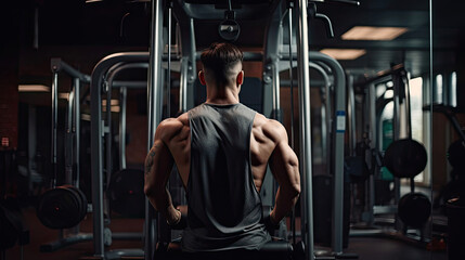 Person on lat pulldown machine back muscles engaged clean and well-maintained section of the gym