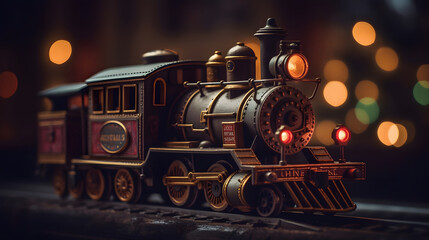 toy vintage steam locomotive on the floor under a decorated Christmas tree on a background of bokeh lights garland. Christmas and New year celebration concept