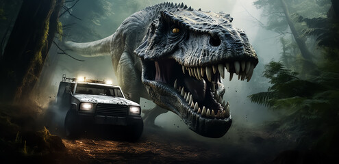 Naklejka premium dinosaur T-Rex chased by a jeep car down a road in a middle of the woods