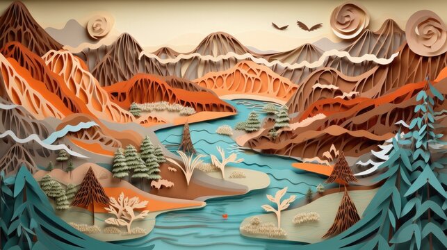 papercutting of a landscape with mountains © Creda