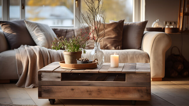Rustic coffee table made from old wooden crate with blurred room backdrop