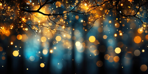 Christmas festive background in the winter forest with garlands of burning lights.