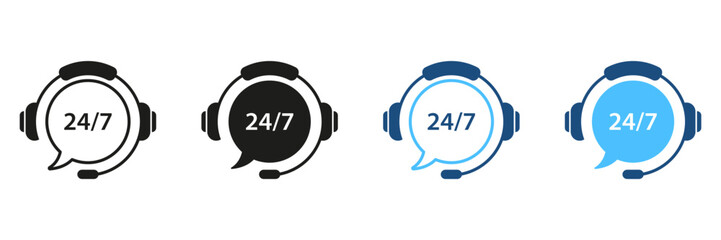 Customer Support Service, 24 7 Hotline Silhouette Icon Set. Help Around The Clock, Call Center Pictogram. Online Operator Symbol Collection. Headset with Speech Bubble. Isolated Vector Illustration
