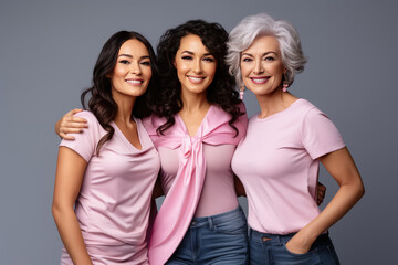 Studio portrait of women breast cancer awareness hugging on grey background , Breast cancer day