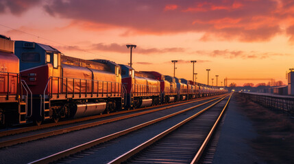 Fototapeta premium Train Yard at Dusk: Freight Trains Lined Up Ready for Cross-Country Transport