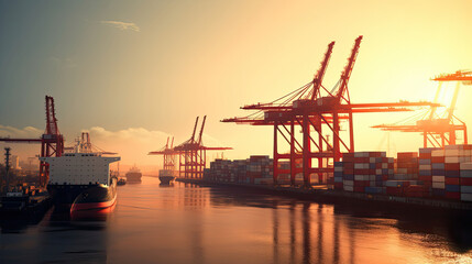 Fototapeta na wymiar Shipping Port at Sunrise: Cargo Ships Docked Cranes Unloading Containers