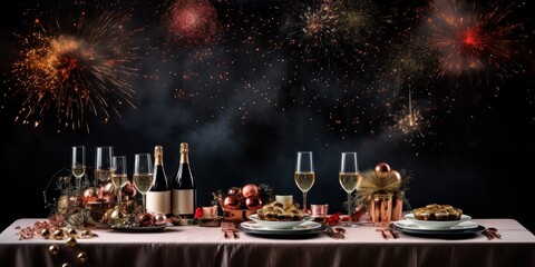 New Year's table with food, with champagne glasses, ribbons and sparkling sequins, Banner. copy space - obrazy, fototapety, plakaty