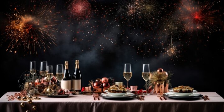 New Year's table with food, with champagne glasses, ribbons and sparkling sequins, Banner. copy space