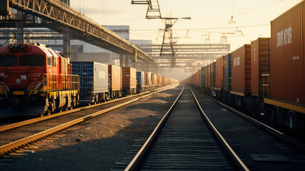 Obraz premium Rail Freight Terminal: Trains Arriving and Departing Containers Being Shifted