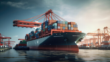 Fototapeta premium Container Ship Departure: Vessel Leaving Port Fully Loaded with Stacked Containers