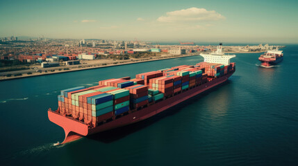 Container Ship Departure: Vessel Leaving Port Fully Loaded with Stacked Containers