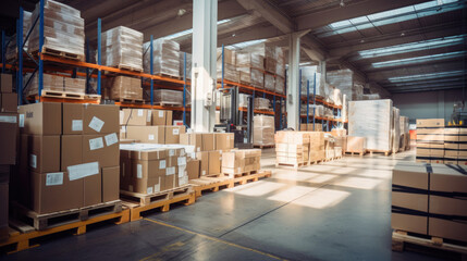 Logistics Warehouse Interior: Pallets of Goods Ready for Shipment Organized by Category