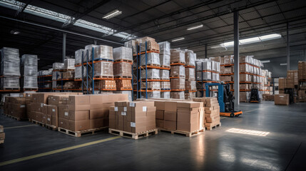 Logistics Warehouse Interior: Pallets of Goods Ready for Shipment Organized by Category