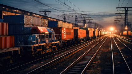 Fototapeta na wymiar Railway Freight Yard: Multiple Trains Loaded with Containers Ready for Dispatch