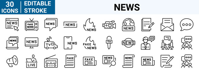 set of 30 line web icons. Fake News. Wrong Information, live, Propaganda, Inappropriate Content. Editable Stroke. Collection of Outline Icons. Vector illustration.