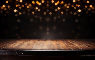 Dark wood table top with dark background and boken light effect