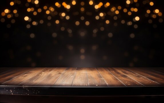 Dark wood table top with dark background and boken light effect