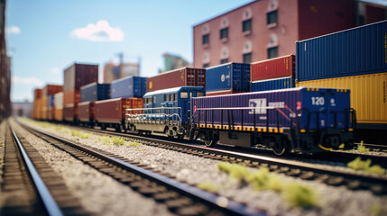 Obraz premium Freight Train Passing Through Urban Area: Containers Rolling Past Buildings