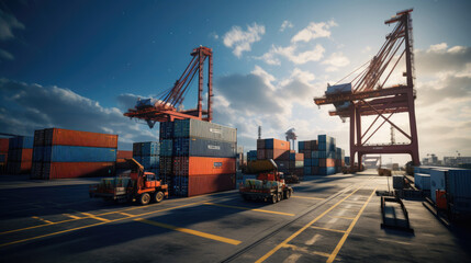 Fototapeta na wymiar Coastal Port Logistics: Cranes Guiding Containers onto Quayside for Shipping