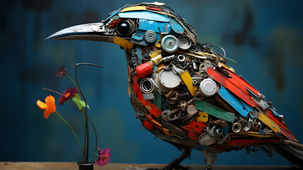 Upcycled bird art from waste materials on neutral background