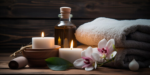 Obraz na płótnie Canvas Cropped shot of spa treatment accessories with white towel, candle and aroma oil and small stones on the wooden table on dark background Ai Generative 