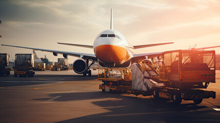 International Airport Operations: Planes Loading Cargo Trucks Ready for Freight Pickup - obrazy, fototapety, plakaty
