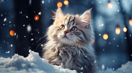 Little pretty grey kitten sitting outdoors on the snow. - obrazy, fototapety, plakaty