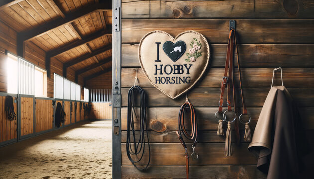 Hobby Horse Horsing Herz gezeichnet gestickt an einer Holzwand im Stall mit Halfter und Trense Z&uuml;gel Steckenpferd Hindernisse H&uuml;rde