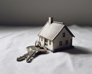 Miniature house with keys next to it. Generative AI.