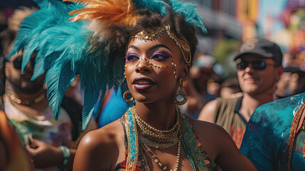 Beautiful African American woman enjoying herself at Mardi Gras in New Orleans. Generative AI - obrazy, fototapety, plakaty