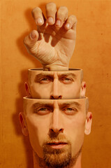 Digital collage in surrealism style with head of a man	