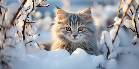 Little pretty grey kitten sitting outdoors on the snow.