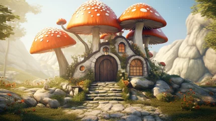 Fotobehang Sprookjesbos Mushroom fantasy house illustration, nature fairy home, fairy tale forest, magical, cottage, tree