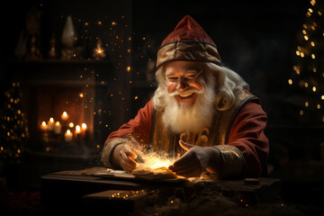 Santa Claus or Saint Nicholas makes a magic at home. Christmas fairytale