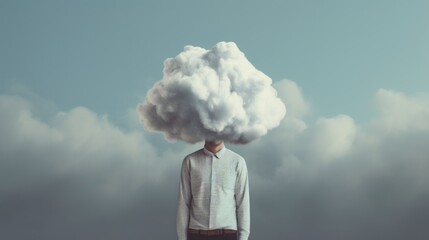 Man head in clouds, depression and fatigue at work. Man with cloud over his head depicting solitude and depression