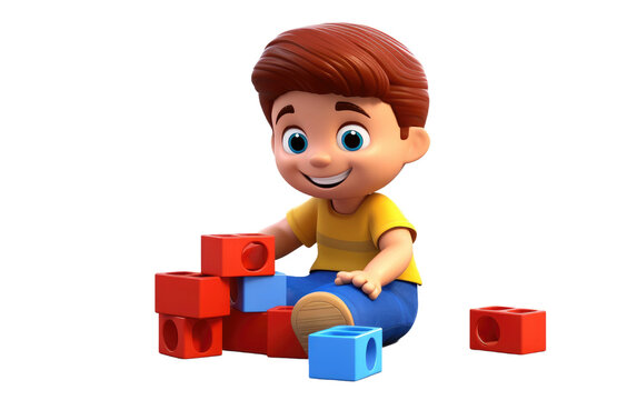 Cute Boy Playing with a Colorful Blocks 3D Character Isolated on Transparent Background PNG.