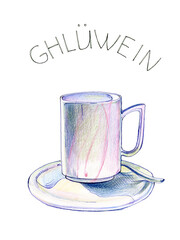 Hot drink in a simple white mug with a saucer and a teaspoon. Ski Christmas traditional alcoholic cocktail mulled wine. Сolored pencils, ballpoint pen hand-drawn sketch. Illustration isolated on white