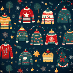 Christmas sweater pattern background - ai generative - obrazy, fototapety, plakaty