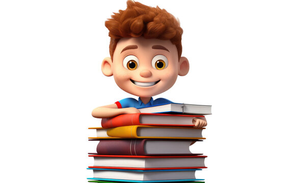 Boy Happy with a Stack of Books 3D Character Isolated on Transparent Background PNG.