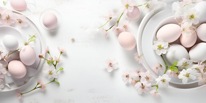 HD Easter Frame Background Image Happy easter concept with easter eggs in nest and spring flowers on white background Whimsical Frame with Eggs and Blossoms Ai Generative