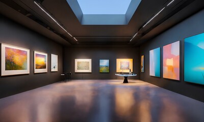 未来的なアートギャラリー。美術館背景。絵画の鑑賞｜A futuristic art gallery. Museum background. Appreciation of paintings. Generative AI