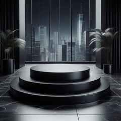  black podium for product display on dark background marble pedestal with black background  for social media post and banners
