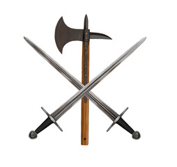 Medieval weapons. Coat of arms with crossed swords and ax.