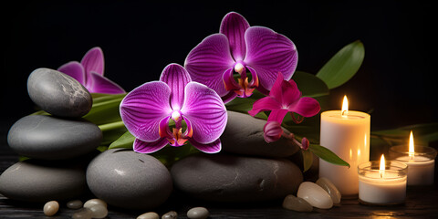 Obraz na płótnie Canvas Spa stones and orchid flowers with candles and dark black background Relaxing with Orchids and Stones Candlelit Spa Elegance Ai Generative 