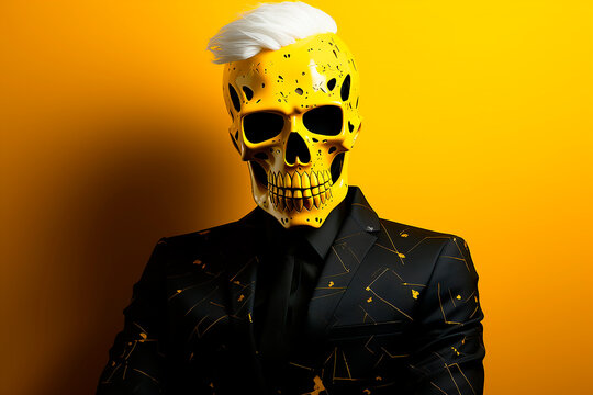 A man in a black jacket with a skull instead of a head stands on a yellow background. Death at work, hard worker concept.	